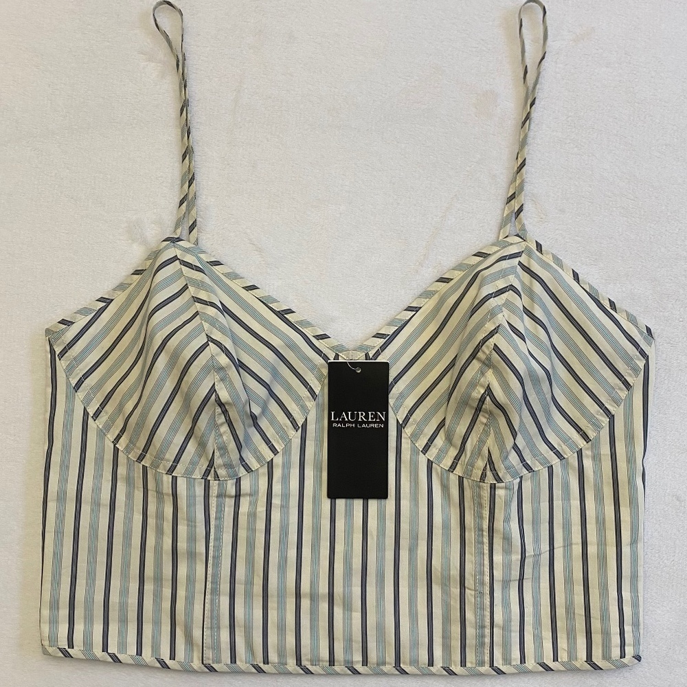 Lauren by Ralph Lauren, Bustier, Blue/White Vertical Stripes, V-Neck, Size 8 NWT